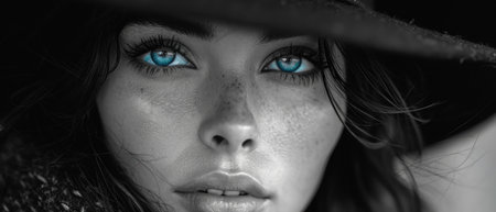 Close-up portrait of a beautiful girl with blue eyes and hatの素材