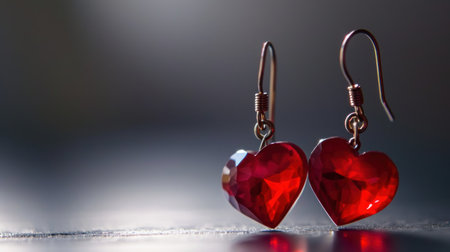 Red heart earrings on a dark background. Valentine's Day.の素材