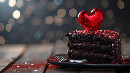 Chocolate cake with red heart on a wooden table with bokeh backgroundの素材