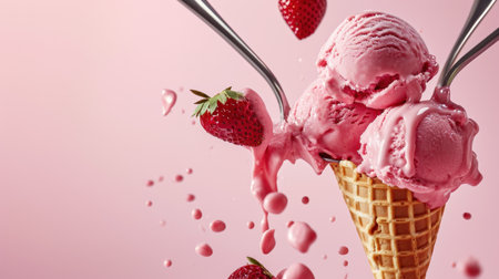 Strawberry ice cream in waffle cone with splashes on pink backgroundの素材