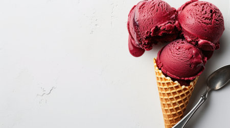 Strawberry ice cream in waffle cone on white background.の素材