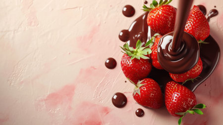 Delicious strawberry dipped in chocolate on light background, top view. Space for textの素材