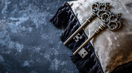 Vintage keys on a dark stone background. Selective focus.の素材