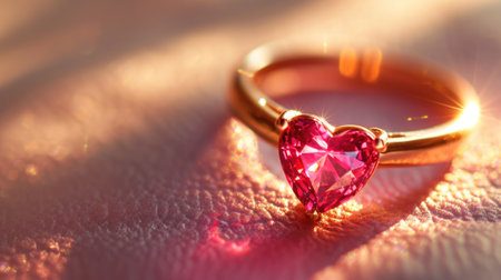 Wedding ring with a red heart on a pink background.の素材