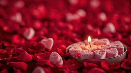 Candle on red rose petals background. Valentine's day conceptの素材