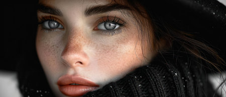 Close-up portrait of a beautiful young woman with blue eyes in a black scarf.の素材