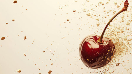 Sweet cherry with splashes of chocolate on a white background. Toned.の素材