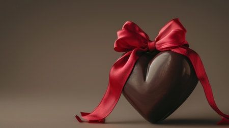 Chocolate heart with red ribbon on dark background. Valentines dayの素材