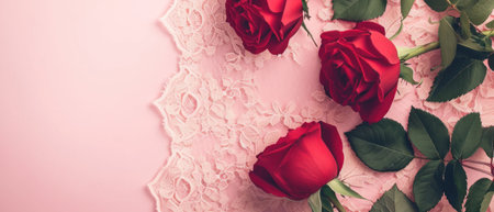top view of red roses and lace on pink background, flat layの素材