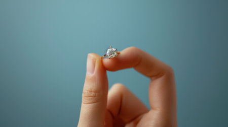 Diamond ring in hand on blue background. Jewelry and luxury conceptの素材