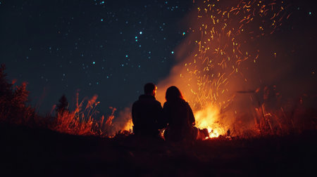 Young couple sitting by the fire and looking at the night sky.の素材