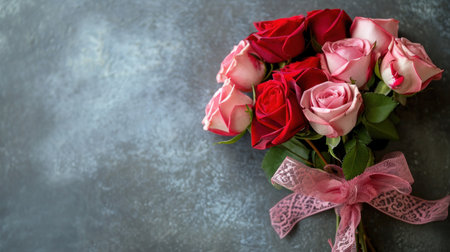 Bouquet of red and pink roses on a dark background with copy spaceの素材