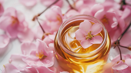 Cherry blossoms and essential oil on light background, closeupの素材