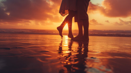 Silhouette of couple holding hands and walking on the beach at sunsetの素材