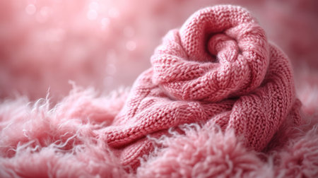 Pink knitted scarf on a soft pink background. Winter concept.の素材