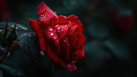 Red rose with dew drops on a dark background, close-upの素材