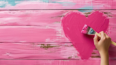 Close-up of paintbrush and pink heart on pink wooden backgroundの素材