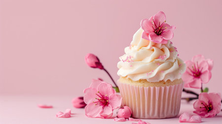 Cupcake with pink cherry blossom on pastel pink backgroundの素材