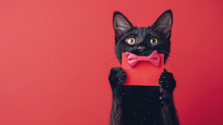Cute black kitten with a red bow tie holding a card on a red backgroundの素材
