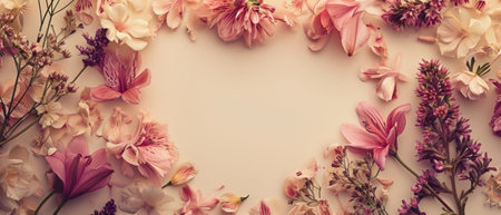 Flowers composition. Frame made of pink flowers on pastel background. Flat lay, top view, copy spaceの素材