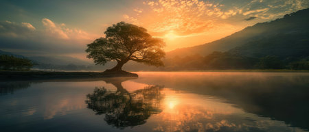 Lonely tree on the lake at sunrise, panoramic viewの素材