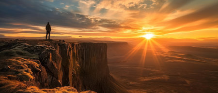 Man standing on the edge of a cliff with a beautiful sunset in the backgroundの素材