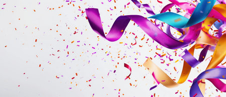 Colorful confetti and ribbons on white background. Festive conceptの素材