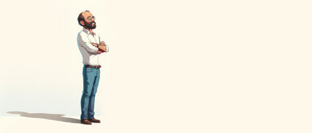 Portrait of a bearded Indian man wearing a white shirt and blue jeansの素材