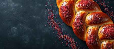 Sweet braided bread with poppy seeds on black background. Top viewの素材