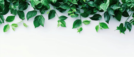 Green leaves on white background. Flat lay, top view, copy spaceの素材