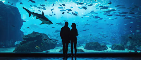 Silhouette of a man and a woman looking at a shark in an aquariumの素材