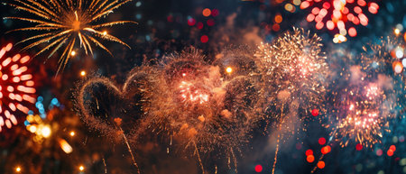 Colorful fireworks of various colors over night sky with bokehの素材