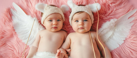 top view of cute newborn twins in hats and angel wings on pink backgroundの素材