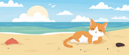 Cat on the beach. Vector illustration in flat cartoon style. Cute cat sitting on the sand.の素材
