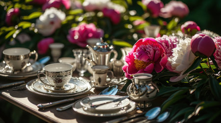 Beautiful table setting with peony flowers in the garden. Selective focus.の素材