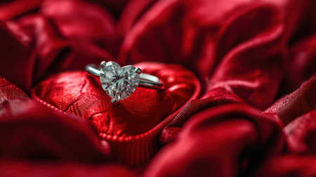 Wedding ring on red satin background, close-upの素材