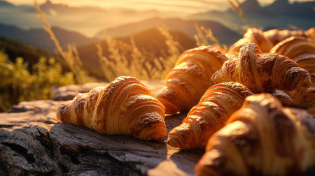 Freshly baked croissants on a wooden board in the mountainsの素材