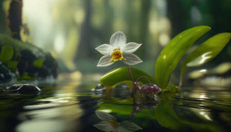 White orchid flower in the green forest with water drops and reflectionの素材