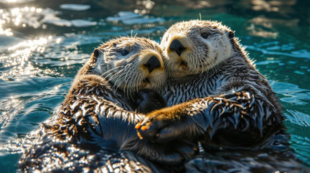 sea otters in the water on a sunny day close-upの素材