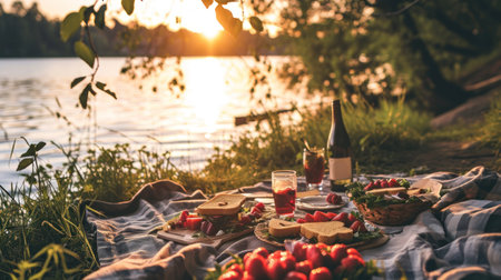 Picnic on the river bank at sunset. Picnic on the shore of the lake.の素材