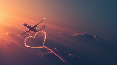 Airplane in the sky with heart shaped clouds. 3d illustrationの素材