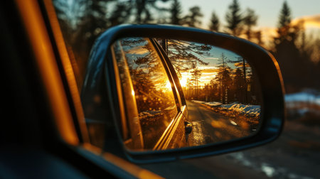 Reflection in the side mirror of a car on a winter road at sunsetの素材