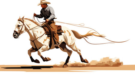 Illustration of a cowboy riding a horse on a white background.の素材