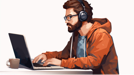 Hipster man with headphones working on a laptop. Vector illustration.の素材