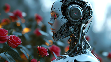 3d rendering humanoid robot with roses in the background, artificial intelligence conceptの素材