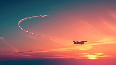 Airplane flying in the sky at sunset background. 3d renderingの素材