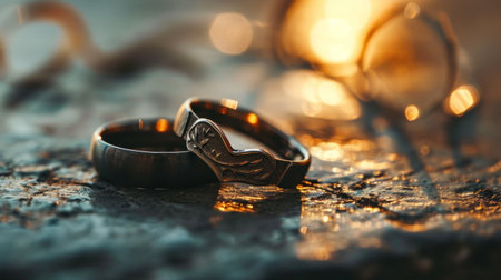 wedding rings on a stone background with bokeh effectの素材