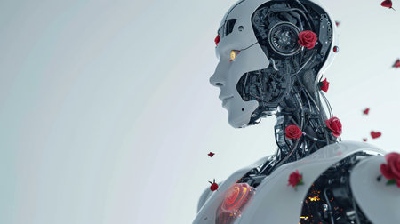 3d rendering humanoid robot with rose petals on a white backgroundの素材