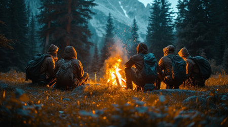 Group of hikers sitting near the campfire in the mountains at dawnの素材