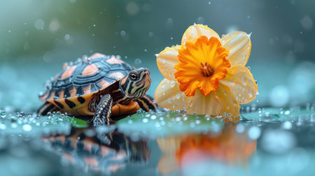 Turtle and daffodil with rain drops on green backgroundの素材